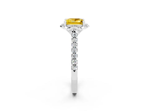 White gold Princess Cut Yellow Sapphire Ring with Pavé Band and Floral Prong Setting_2