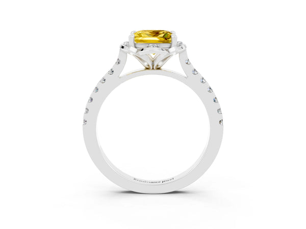 White gold Princess Cut Yellow Sapphire Ring with Pavé Band and Floral Prong Setting