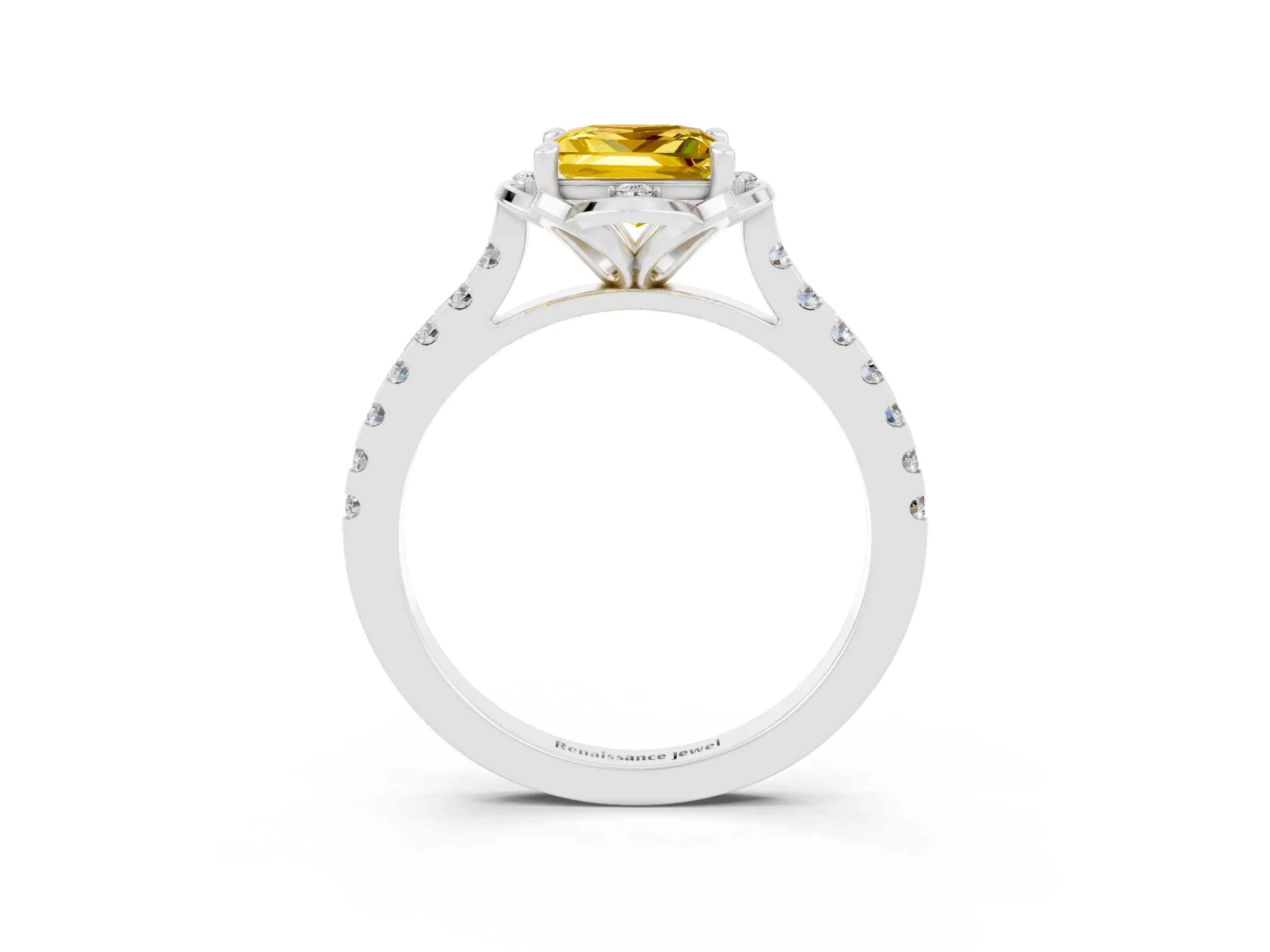 White gold Princess Cut Yellow Sapphire Ring with Pavé Band and Floral Prong Setting_3