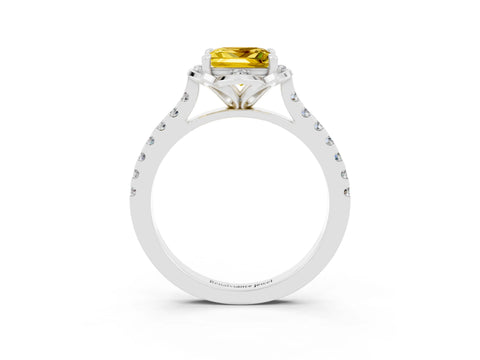 White gold Princess Cut Yellow Sapphire Ring with Pavé Band and Floral Prong Setting_3