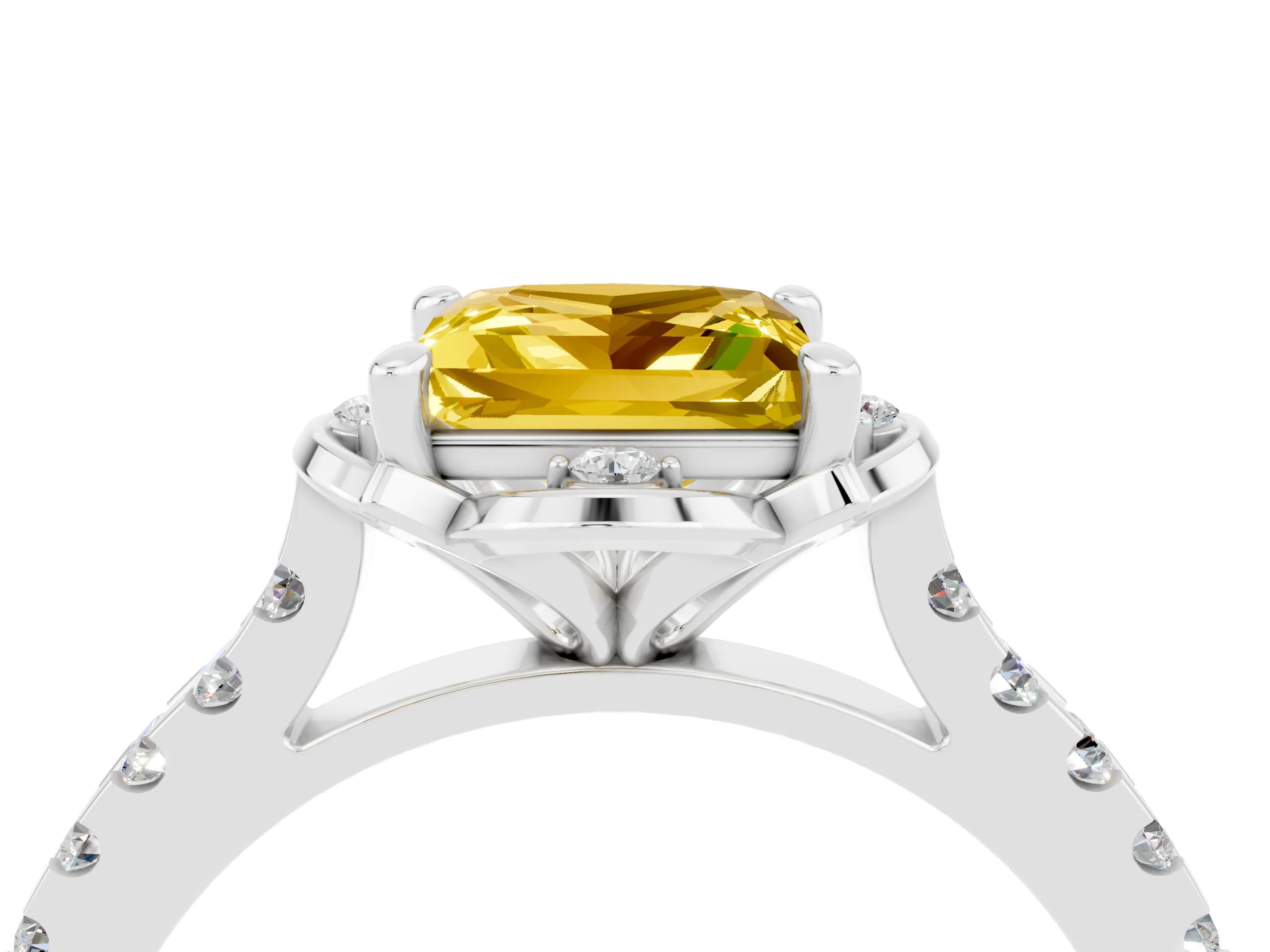 White gold Princess Cut Yellow Sapphire Ring with Pavé Band and Floral Prong Setting_4
