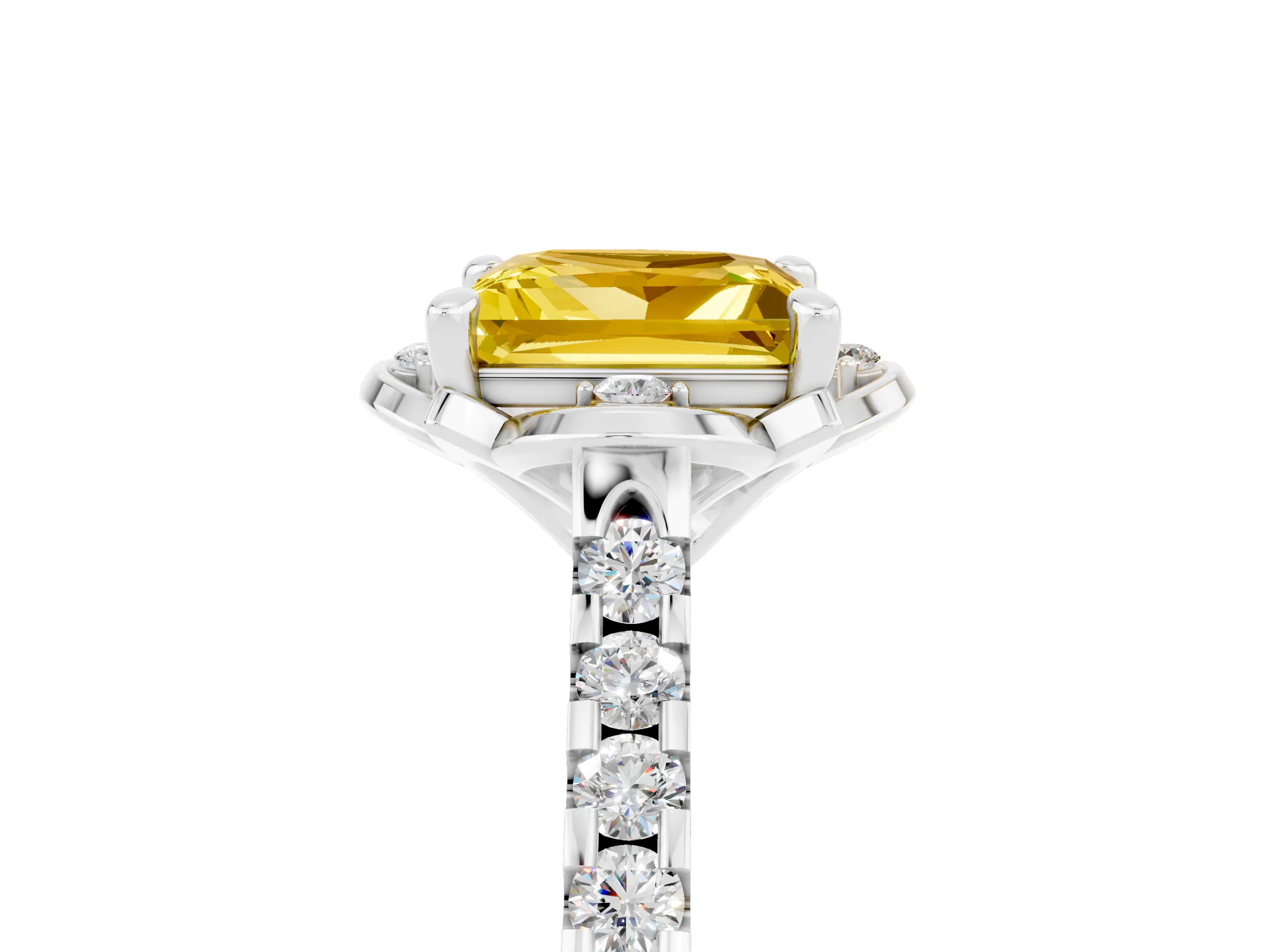 White gold Princess Cut Yellow Sapphire Ring with Pavé Band and Floral Prong Setting_5