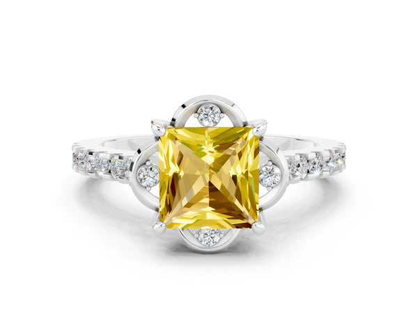 White gold Princess Cut Yellow Sapphire Ring with Pavé Band and Floral Prong Setting