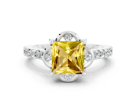 White gold Princess Cut Yellow Sapphire Ring with Pavé Band and Floral Prong Setting