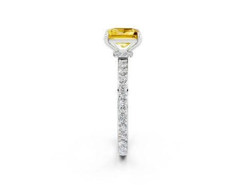 White gold Princess Cut Yellow Sapphire Ring with Pavé Band and Four-Prong Setting_26