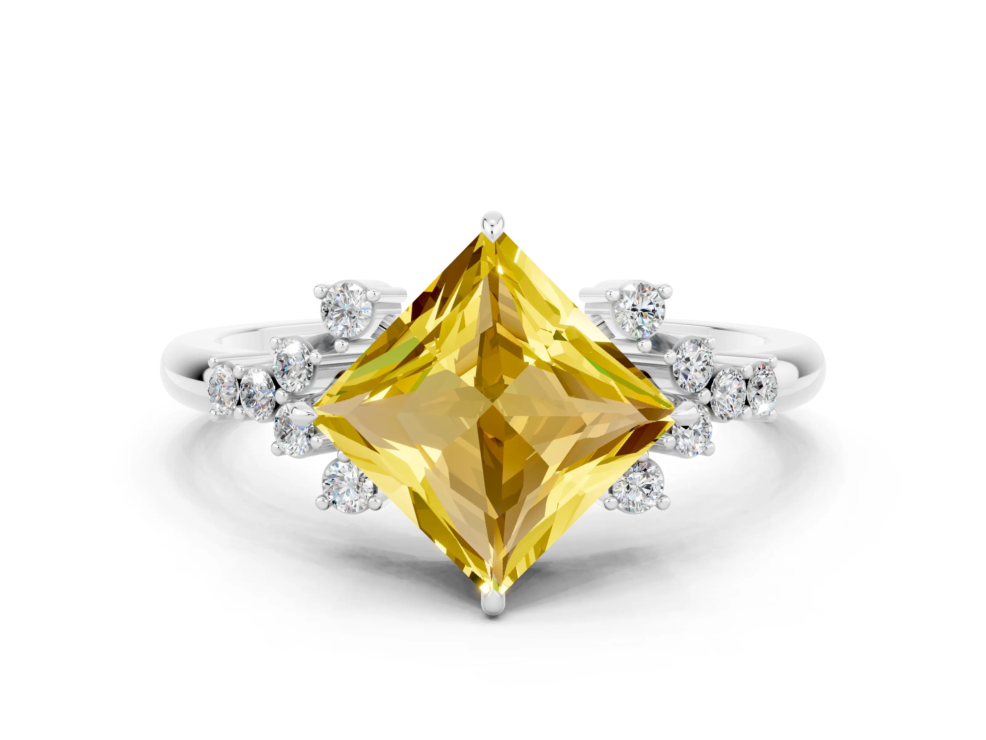 White gold Princess Cut Yellow Sapphire Ring with Side Stones and Four-Prong Setting_60
