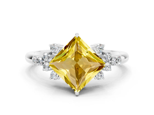 Silver Princess Cut Yellow Sapphire Ring with Side Stones and Four-Prong Setting