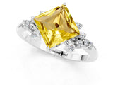 White gold Princess Cut Yellow Sapphire Ring with Side Stones and Four-Prong Setting_61