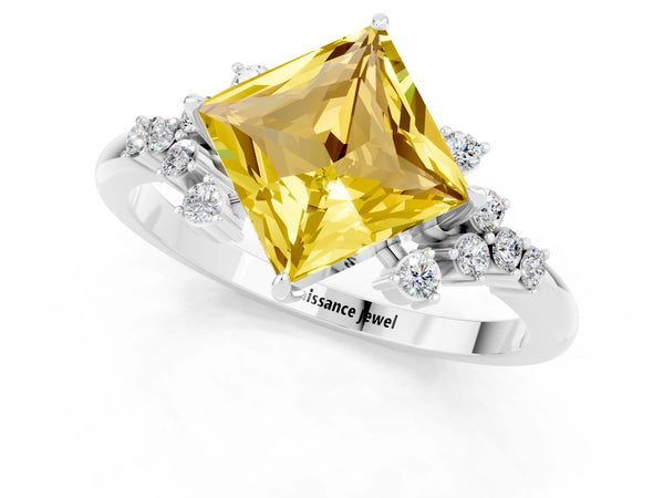 White gold Princess Cut Yellow Sapphire Ring with Side Stones and Four-Prong Setting