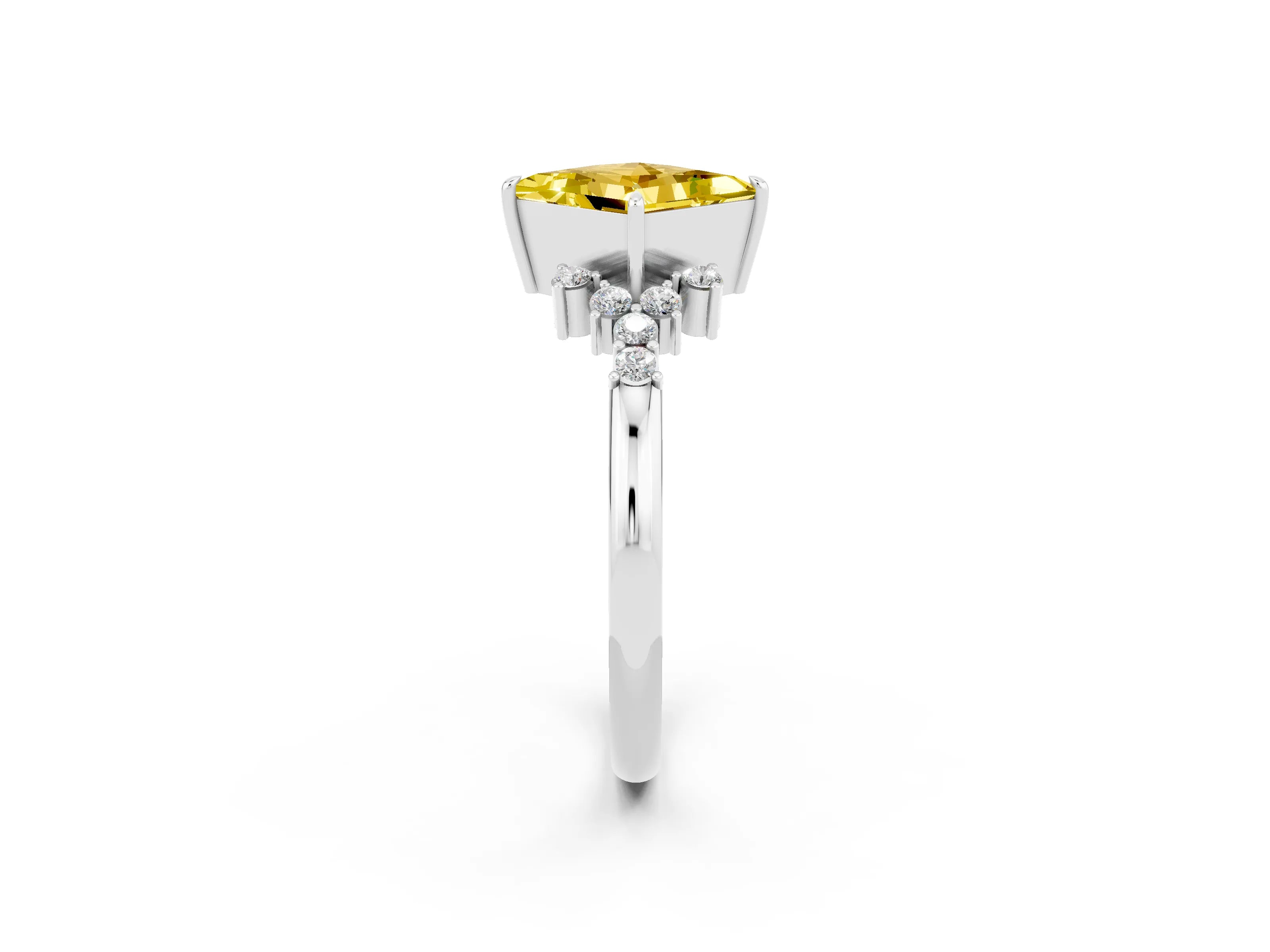 White gold Princess Cut Yellow Sapphire Ring with Side Stones and Four-Prong Setting_62
