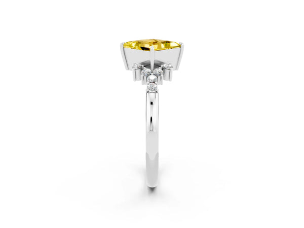 Silver Princess Cut Yellow Sapphire Ring with Side Stones and Four-Prong Setting
