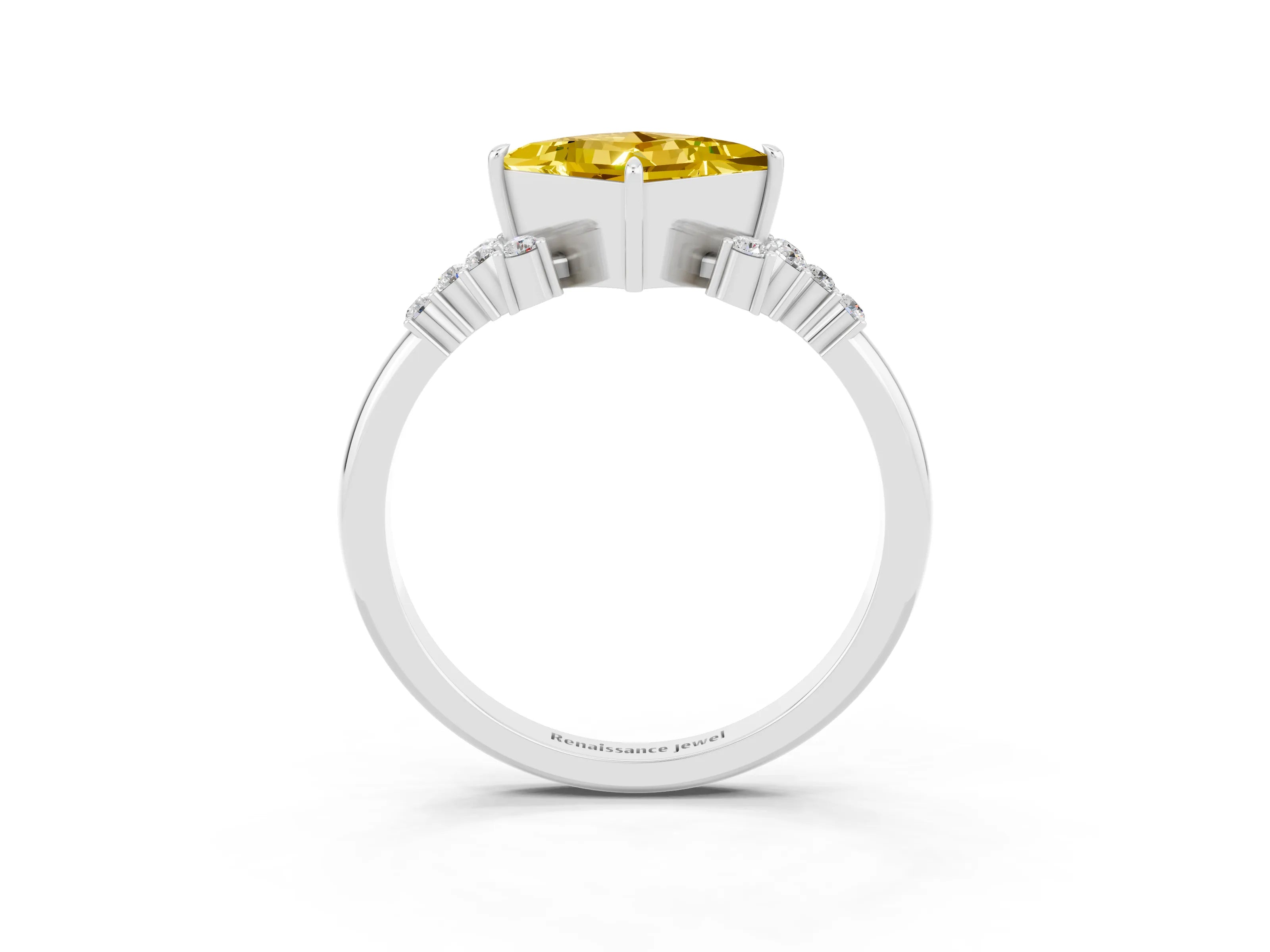 White gold Princess Cut Yellow Sapphire Ring with Side Stones and Four-Prong Setting_63
