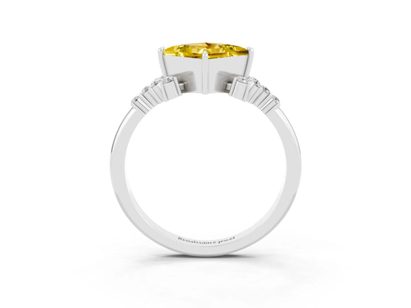 Silver Princess Cut Yellow Sapphire Ring with Side Stones and Four-Prong Setting