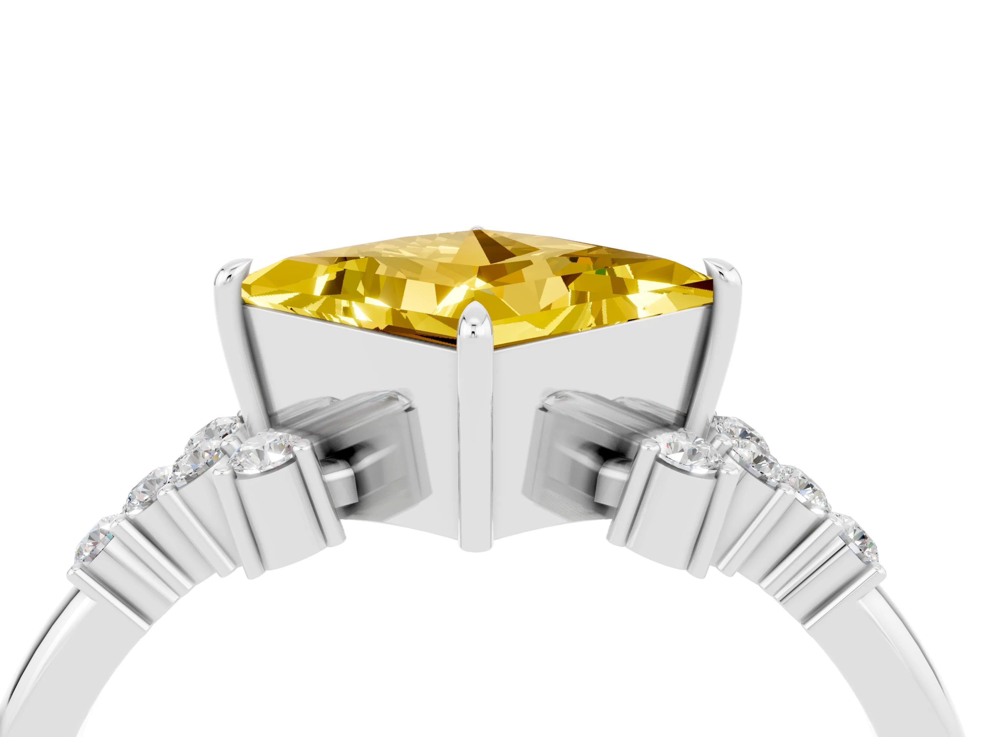White gold Princess Cut Yellow Sapphire Ring with Side Stones and Four-Prong Setting_64