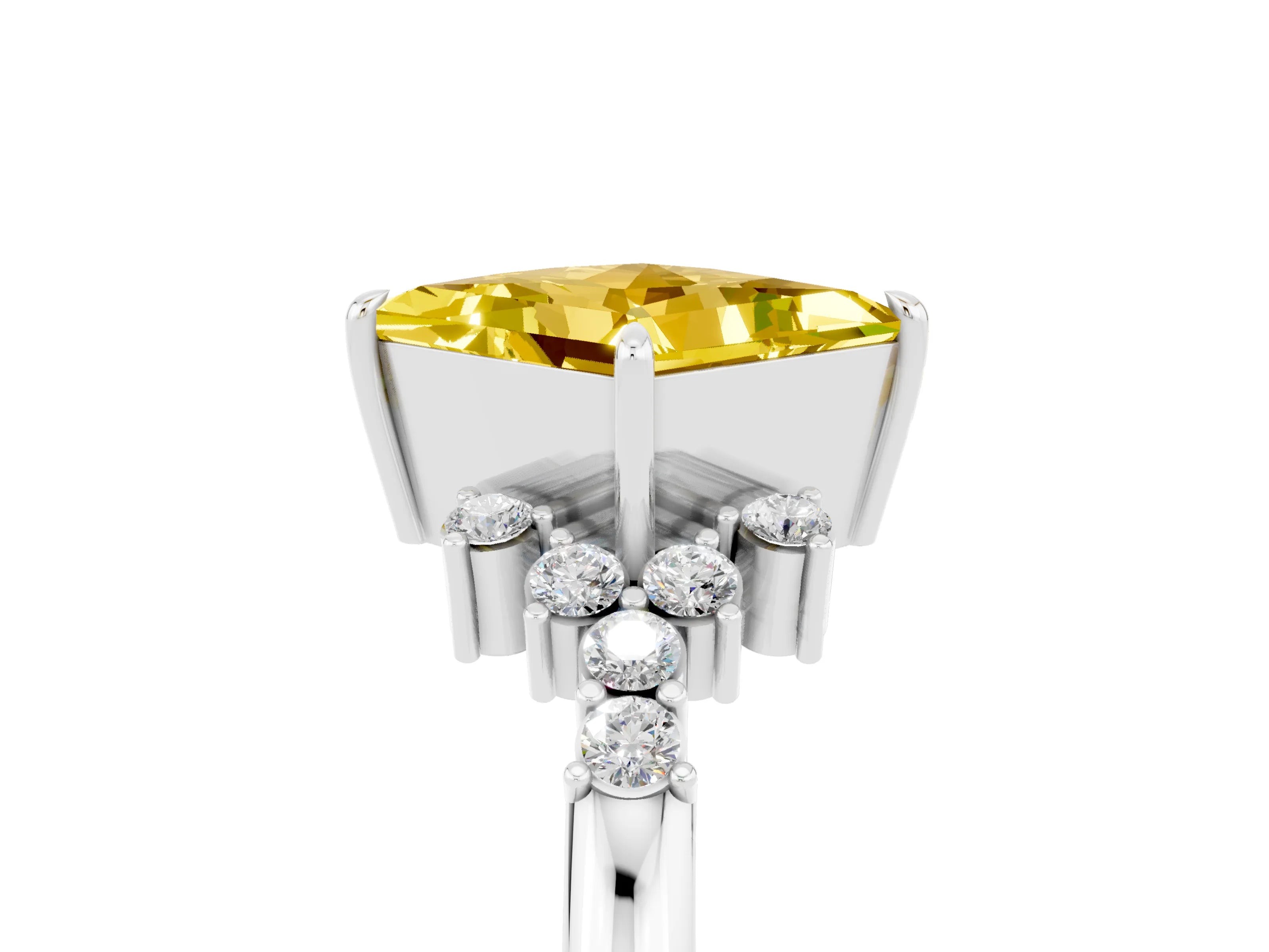 White gold Princess Cut Yellow Sapphire Ring with Side Stones and Four-Prong Setting_65