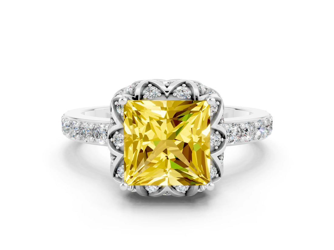 White gold Princess Cut Yellow Sapphire Scalloped Halo Engagement Ring with Round Shared Prong Band_12