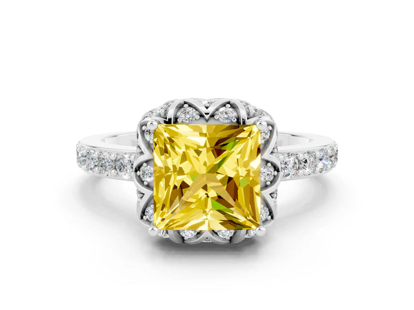 White gold Princess Cut Yellow Sapphire Scalloped Halo Engagement Ring with Round Shared Prong Band