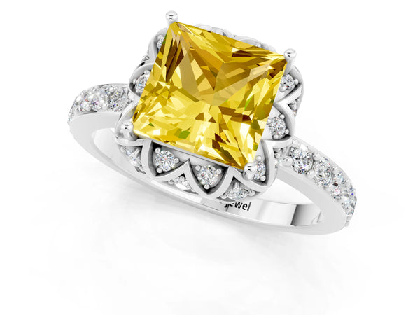 Silver Princess Cut Yellow Sapphire Scalloped Halo Engagement Ring with Round Shared Prong Band