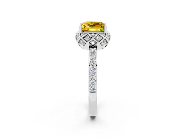Silver Princess Cut Yellow Sapphire Scalloped Halo Engagement Ring with Round Shared Prong Band