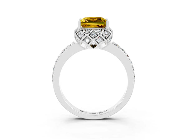 White gold Princess Cut Yellow Sapphire Scalloped Halo Engagement Ring with Round Shared Prong Band