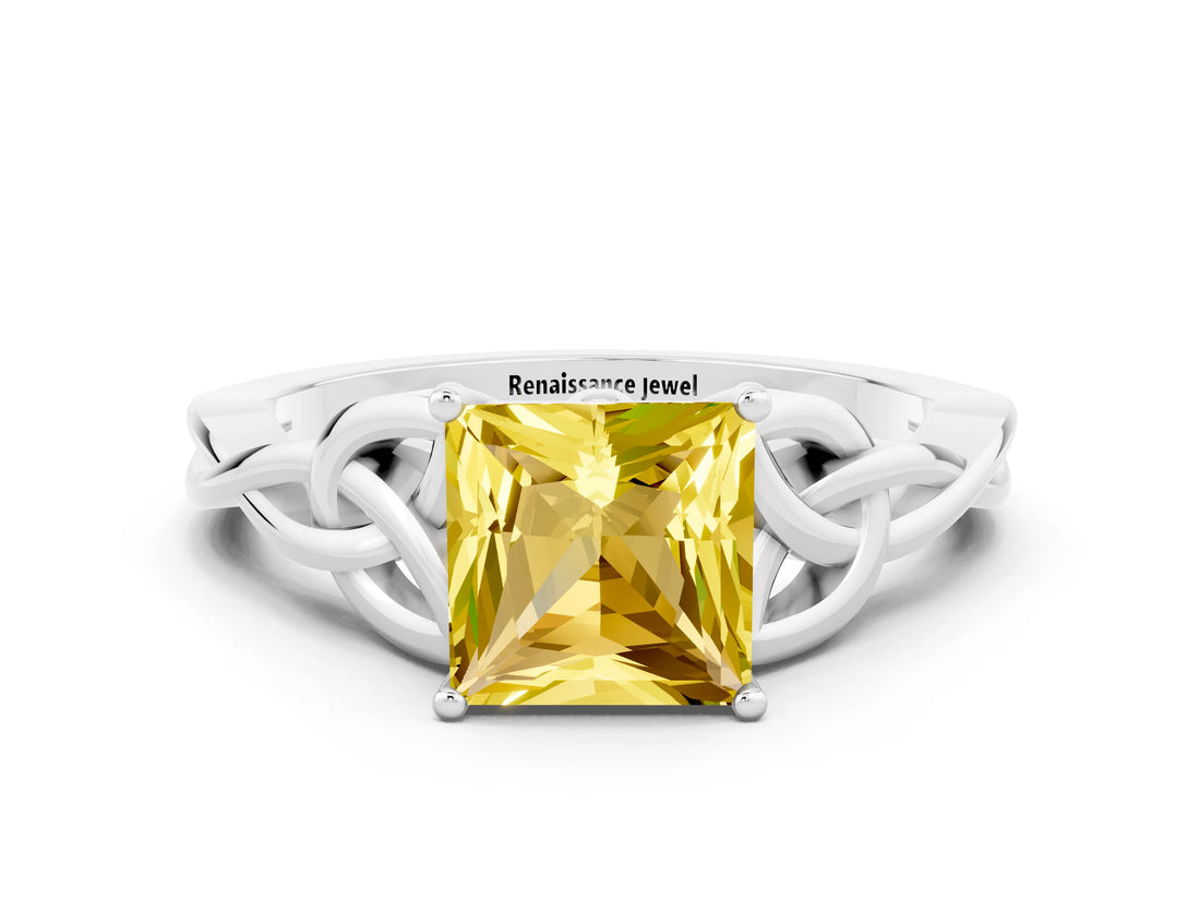 White gold Princess Cut Yellow Sapphire Solitaire Celtic Knot Ring with Four-Prong Setting_36