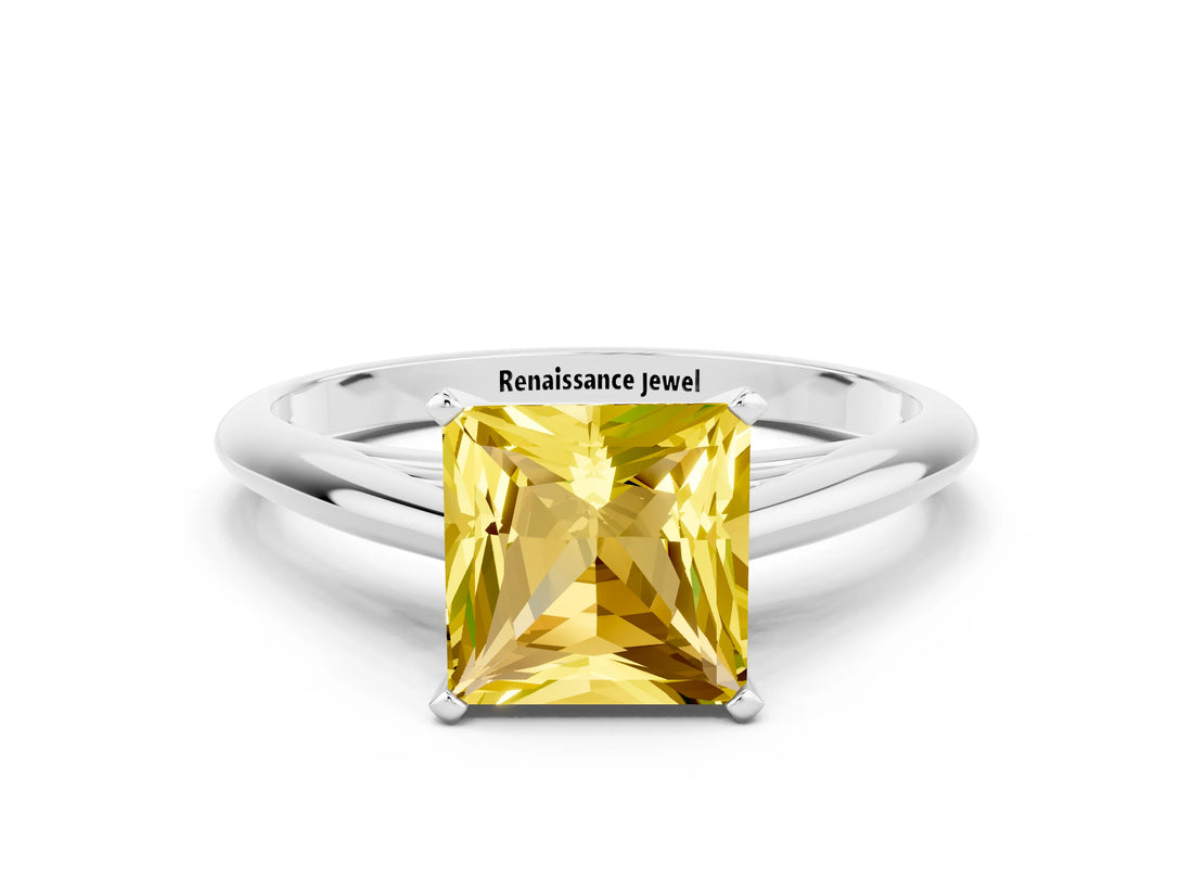 White gold Princess Cut Yellow Sapphire Solitaire Engagement Ring with Cathedral Setting and Four-Prong Mount_120