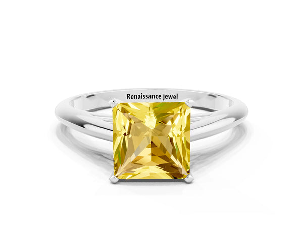 White gold Princess Cut Yellow Sapphire Solitaire Engagement Ring with Cathedral Setting and Four-Prong Mount