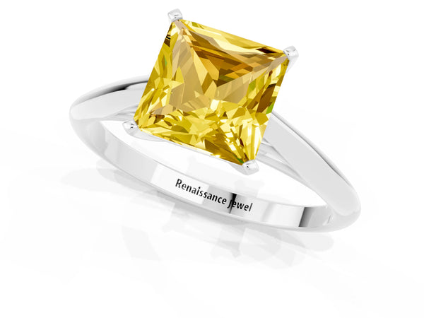 White gold Princess Cut Yellow Sapphire Solitaire Engagement Ring with Cathedral Setting and Four-Prong Mount