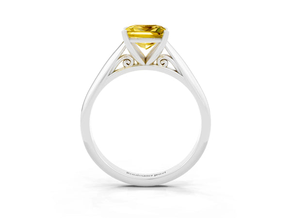White gold Princess Cut Yellow Sapphire Solitaire Engagement Ring with Cathedral Setting and Four-Prong Mount