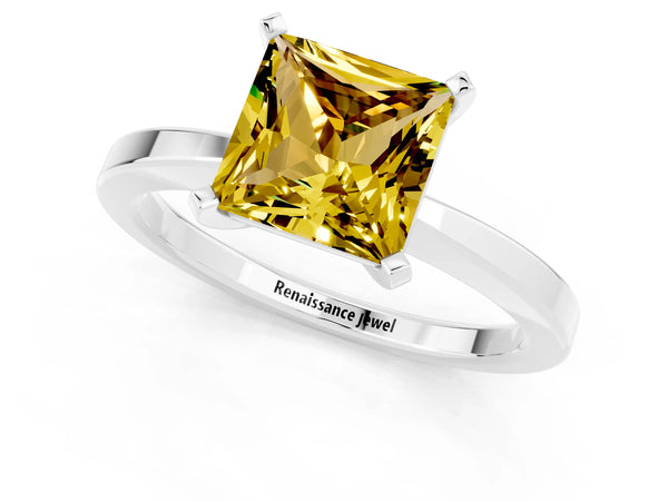 Platinum Princess Cut Yellow Sapphire Solitaire Engagement Ring with Classic Band and Four-Prong Setting