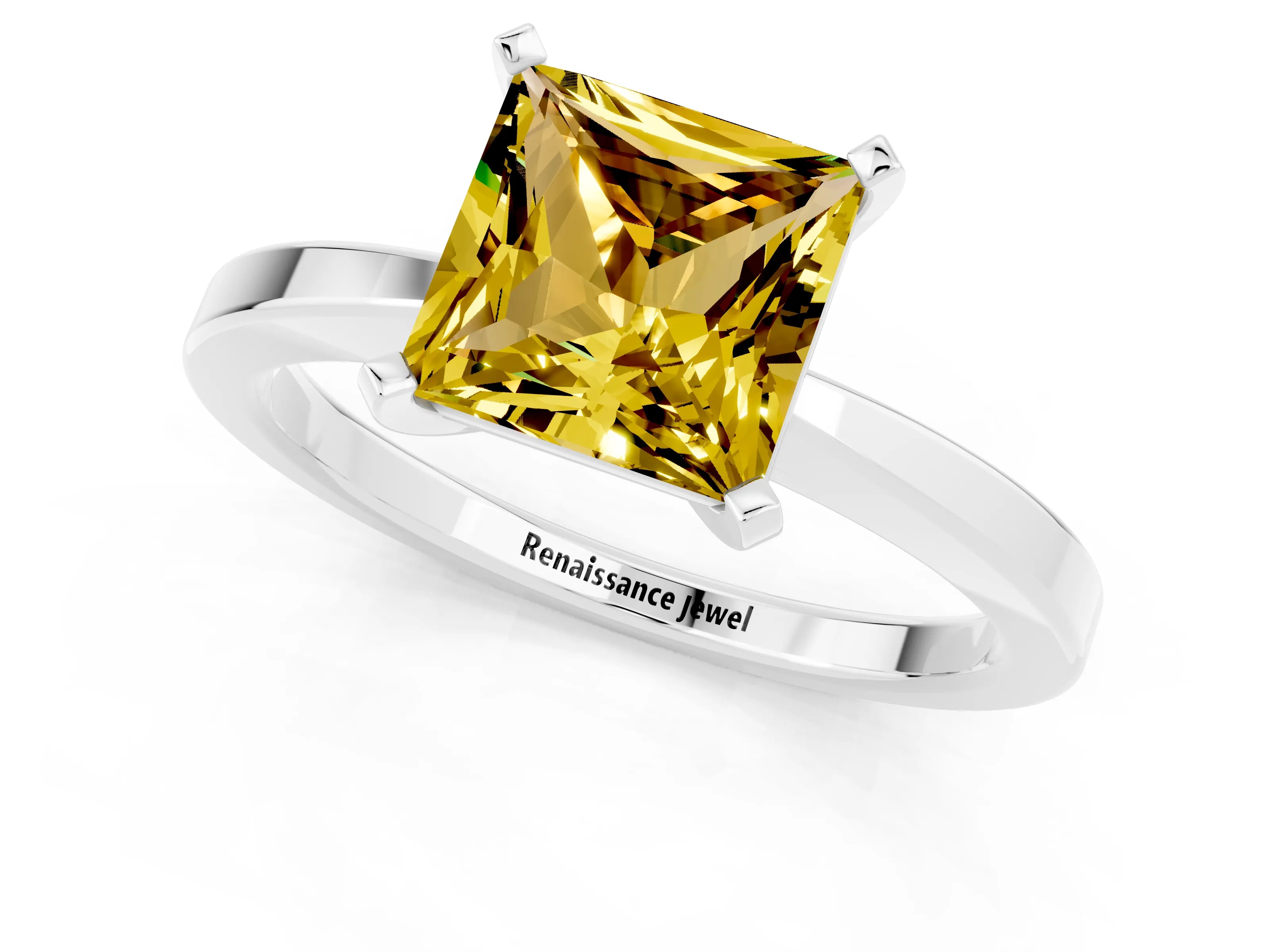 White gold Princess Cut Yellow Sapphire Solitaire Engagement Ring with Classic Band and Four-Prong Setting_61
