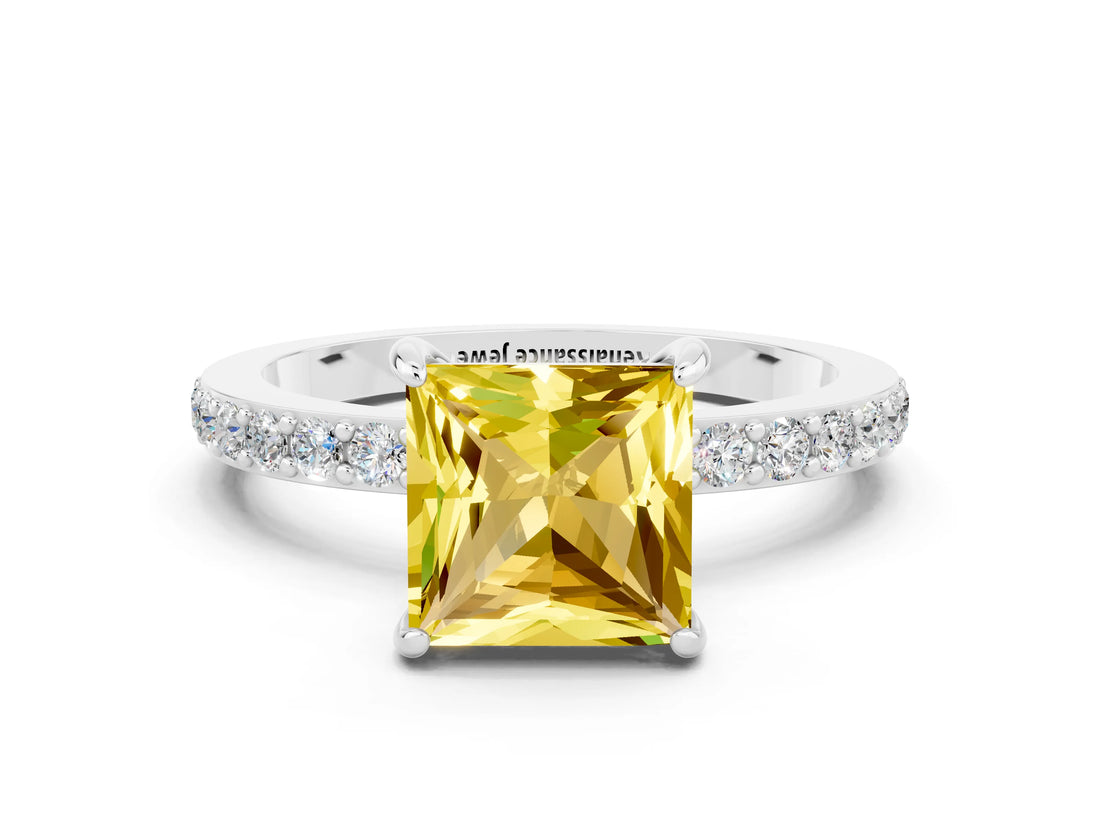 White gold Princess Cut Yellow Sapphire Solitaire Engagement Ring with Pavé Band and Four-Prong Setting_24