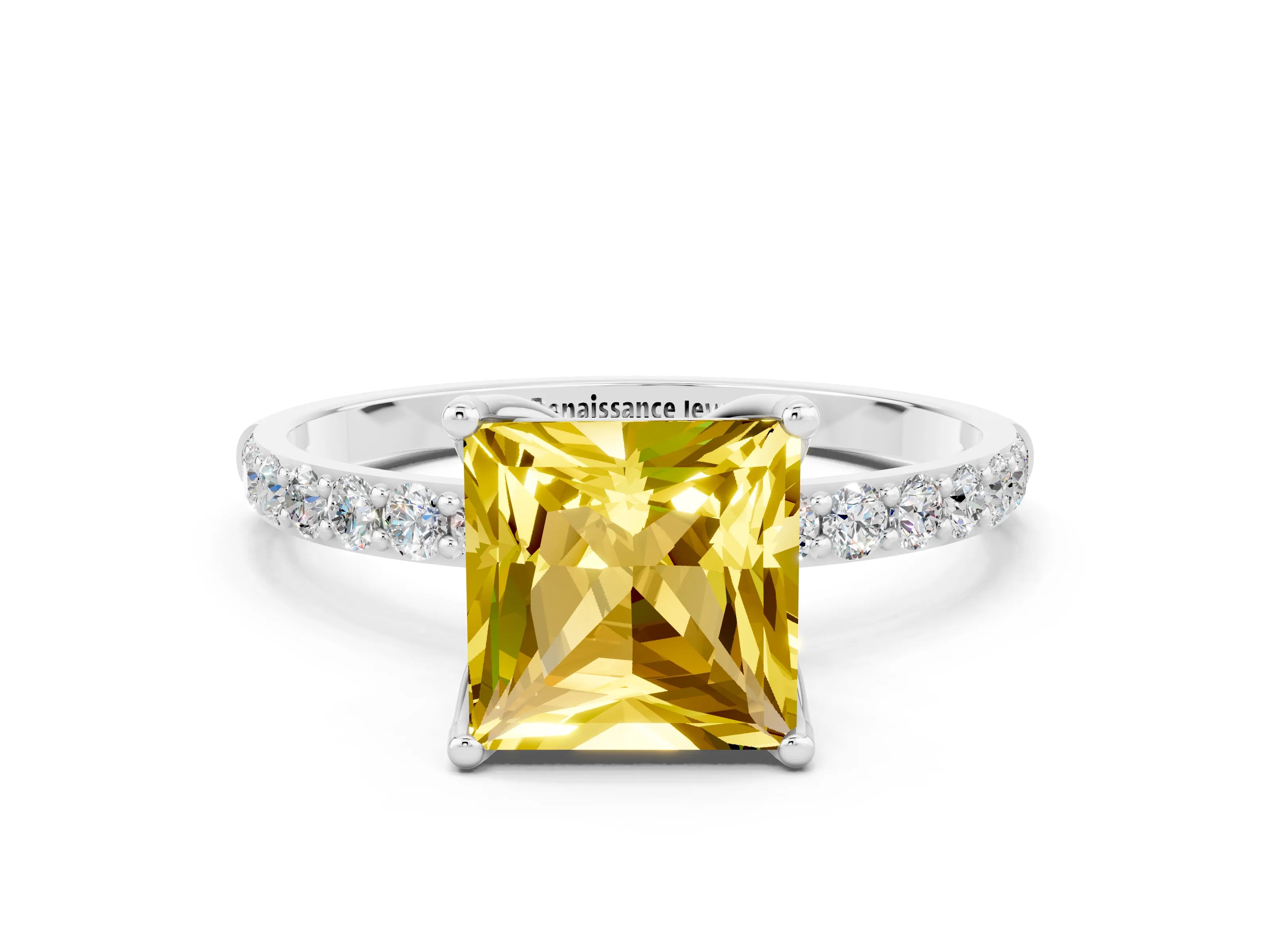 White gold Princess Cut Yellow Sapphire Solitaire Engagement Ring with Pavé Band and Prong Setting