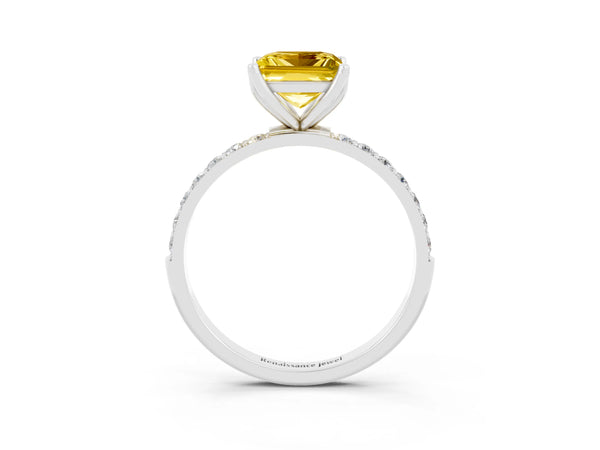 Platinum Princess Cut Yellow Sapphire Solitaire Engagement Ring with Round  Pavé Band and Prong Setting