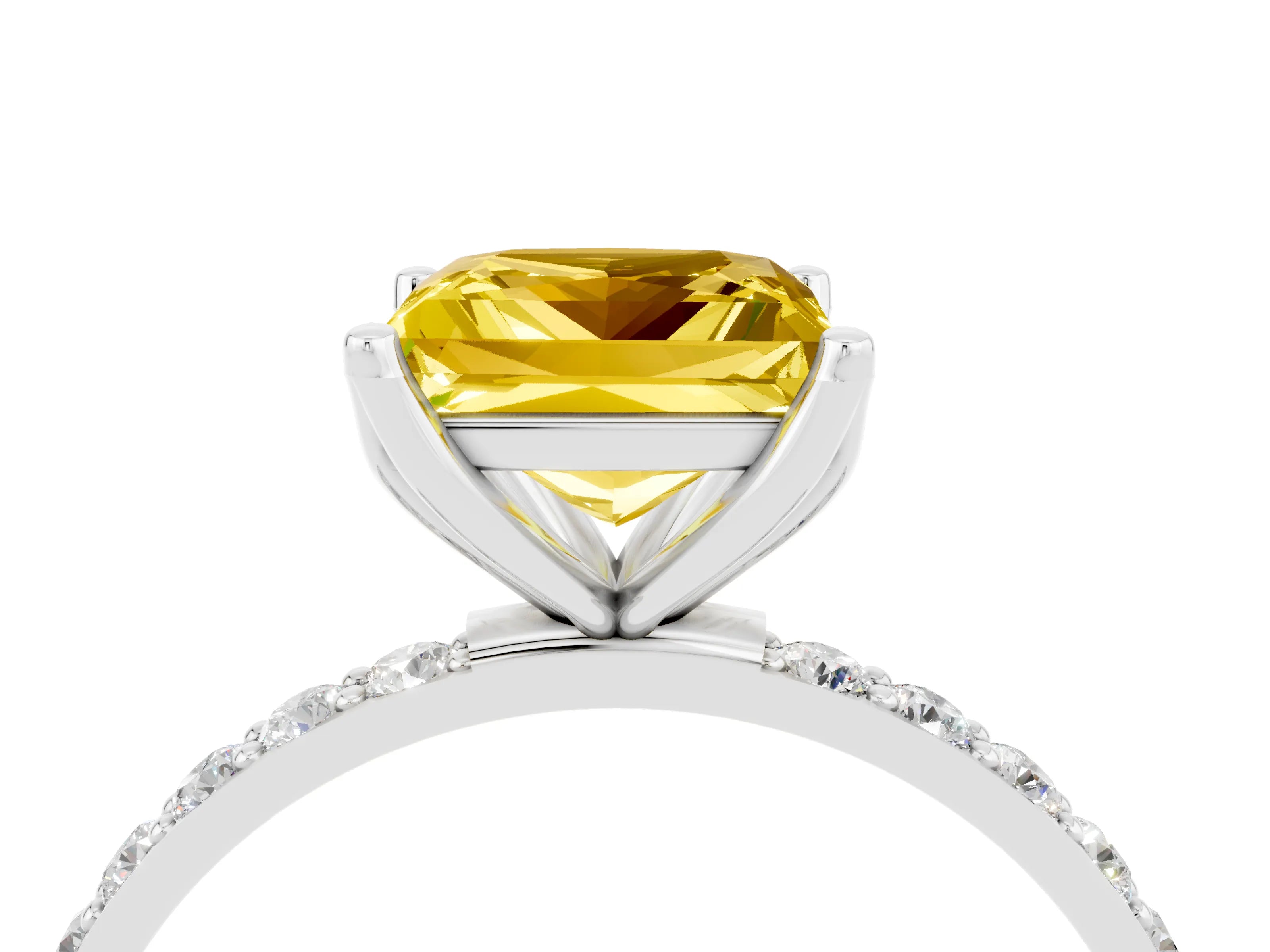 White gold Princess Cut Yellow Sapphire Solitaire Engagement Ring with Pavé Band and Prong Setting_4