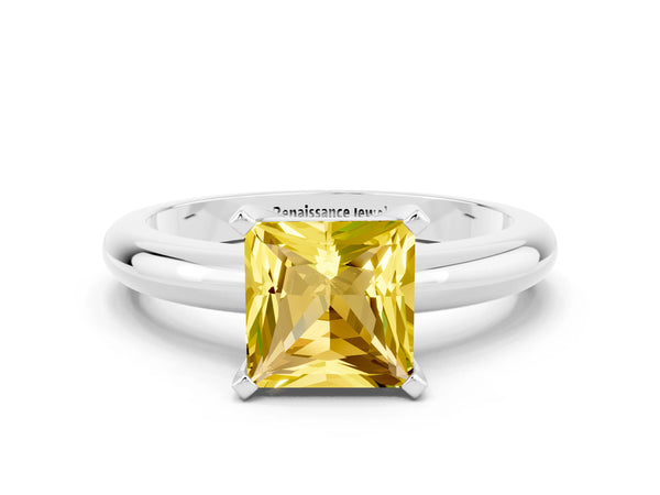 White gold Princess Cut Yellow Sapphire Solitaire Engagement Ring with Round Band and Four-Prong Setting