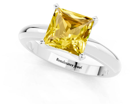 White gold Princess Cut Yellow Sapphire Solitaire Engagement Ring with Round Band and Four-Prong Setting_25