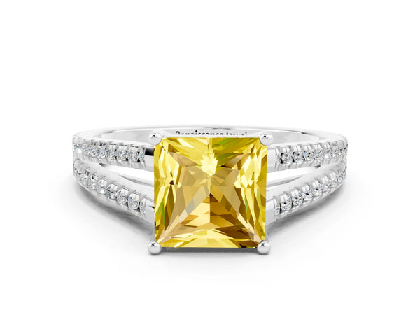 Silver Princess Cut Yellow Sapphire Solitaire Engagement Ring with Split Shank Pavé Band