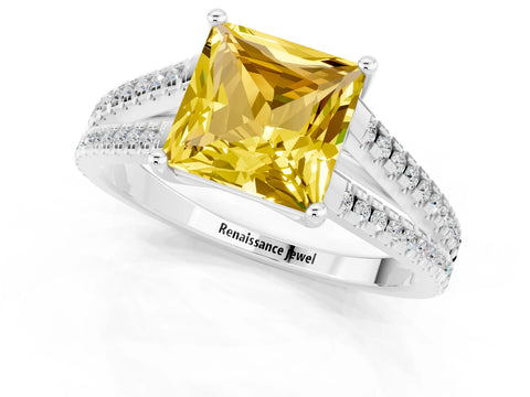 White gold Princess Cut Yellow Sapphire Solitaire Engagement Ring with Split Shank Pavé Band_13