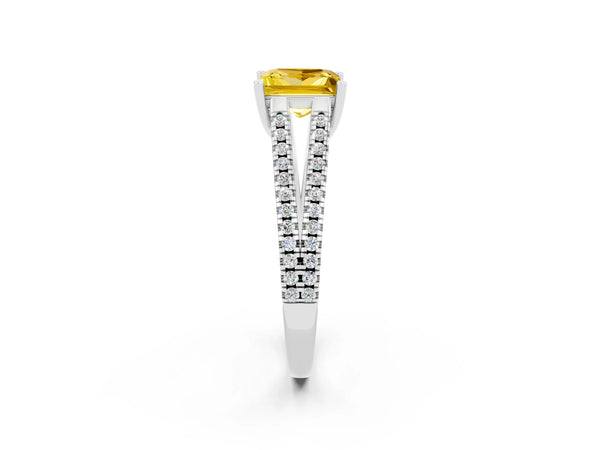 Silver Princess Cut Yellow Sapphire Solitaire Engagement Ring with Split Shank Pavé Band