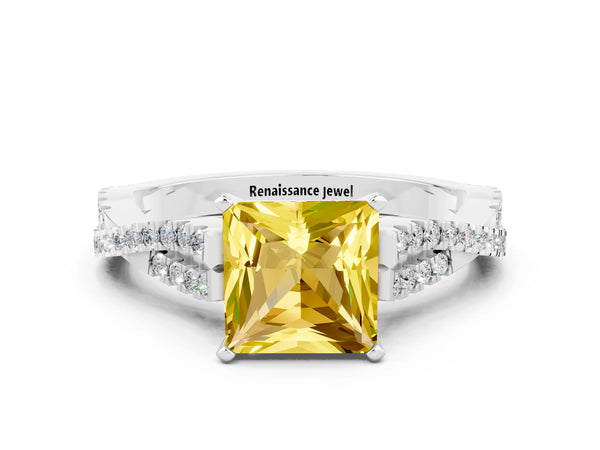 Platinum Princess Cut Yellow Sapphire Solitaire Engagement Ring with Twisted Pavé Band and Four-Prong Setting