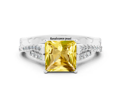 White gold Princess Cut Yellow Sapphire Solitaire Engagement Ring with Twisted Pavé Band and Four-Prong Setting_24