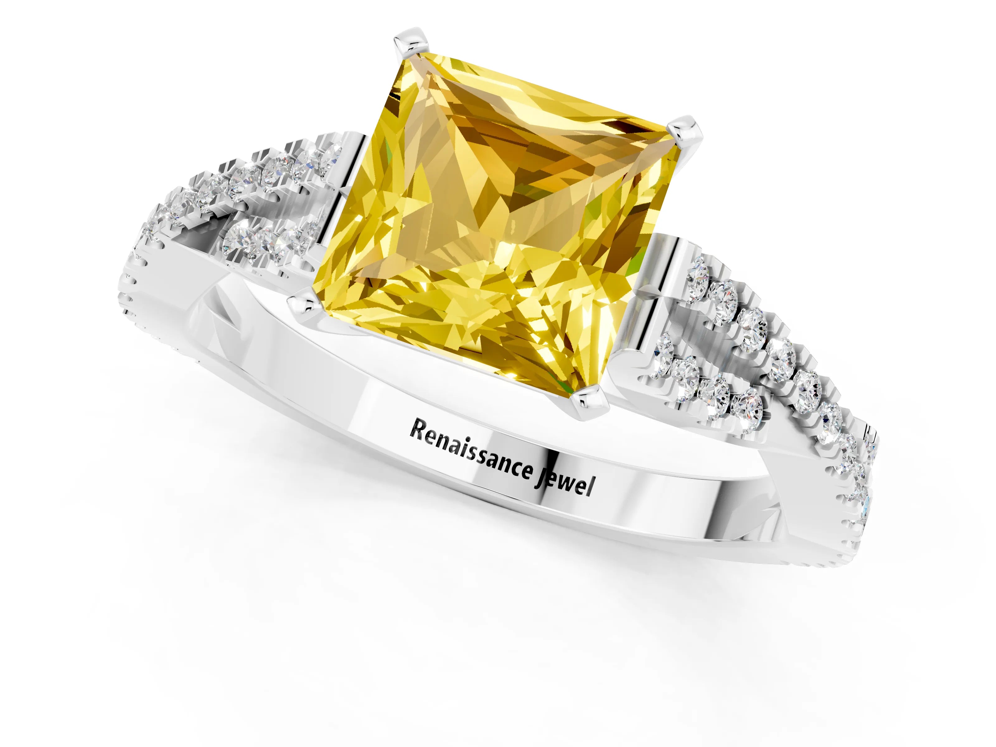 White gold Princess Cut Yellow Sapphire Solitaire Engagement Ring with Twisted Pavé Band and Four-Prong Setting_25