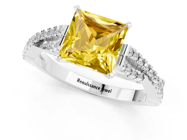 Platinum Princess Cut Yellow Sapphire Solitaire Engagement Ring with Twisted Pavé Band and Four-Prong Setting