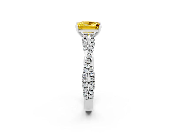 Platinum Princess Cut Yellow Sapphire Solitaire Engagement Ring with Twisted Pavé Band and Four-Prong Setting
