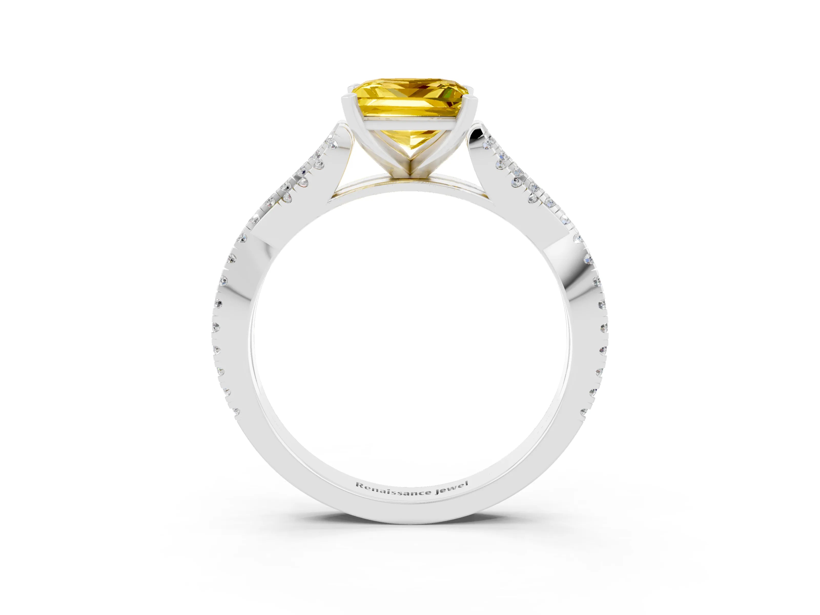 White gold Princess Cut Yellow Sapphire Solitaire Engagement Ring with Twisted Pavé Band and Four-Prong Setting_27