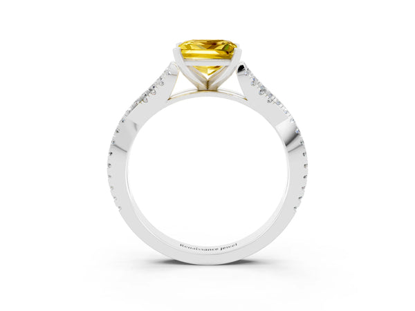 White gold Princess Cut Yellow Sapphire Solitaire Engagement Ring with Twisted Pavé Band and Four-Prong Setting