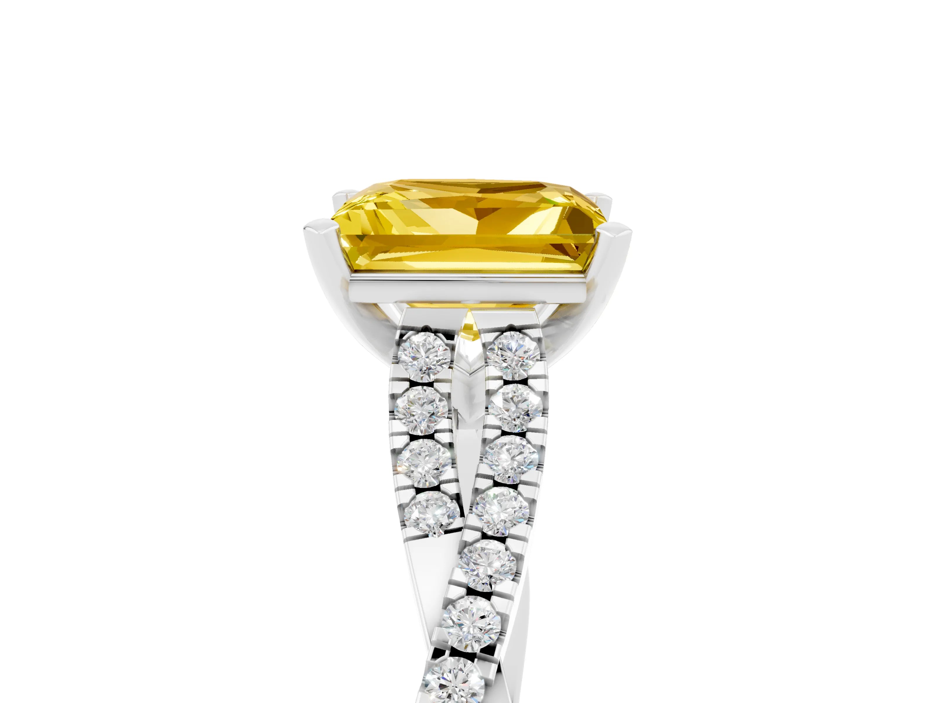 White gold Princess Cut Yellow Sapphire Solitaire Engagement Ring with Twisted Pavé Band and Four-Prong Setting_29