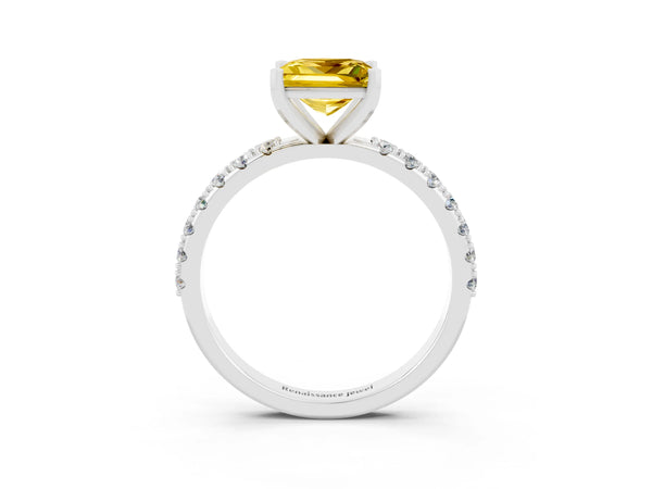 Platinum Princess Cut Yellow Sapphire Solitaire Pavé Band with Four-Prong Setting