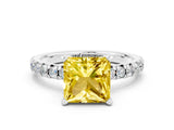 White gold Princess Cut Yellow Sapphire Solitaire Pavé Engagement Ring with Round Band and Prong Setting_12